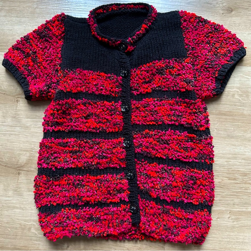 Red and Black Textured Knit Cardigan
